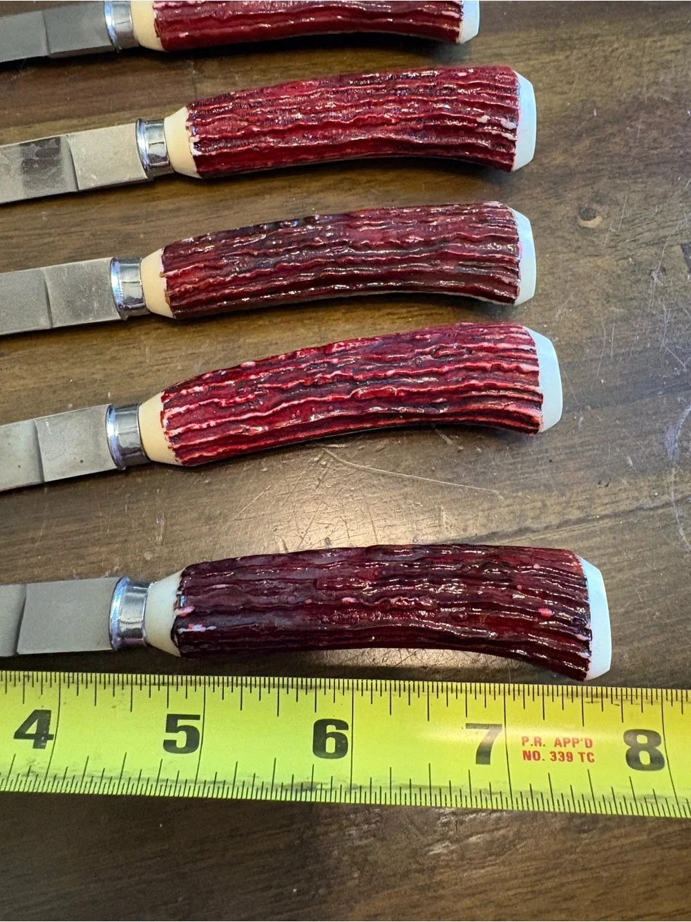 Vintage Set of 6 Stainless Steel Steak Knives Red Faux Antler Handles Japan Dine
